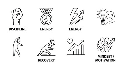 Motivation Icons Representing Discipline and Energy in Various Aspects of Life