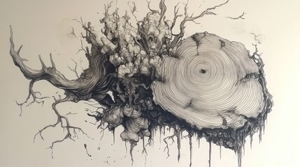 Intricate, detailed drawing of a surreal tree stump and roots
