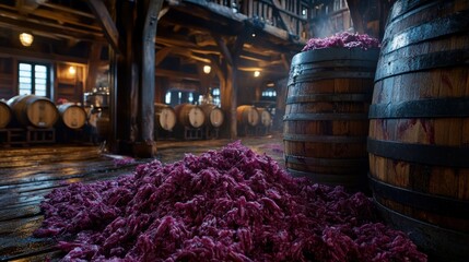 Wooden barrels filled with purple grapes in a wine cellar