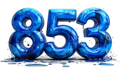Glossy blue numbers, "853," sit against white, appearing liquid and spilling droplets below. Textured surfaces add depth