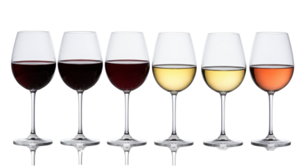 Twelve thin-stemmed crystal wine glasses, precisely arranged with red, white, and rosé wines, on a reflective white studio background with copy space. Concept of luxurious wine tasting