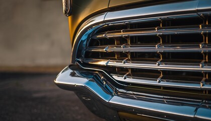 Close-up of a classic car front grille with chrome details, captured using shallow depth of field to highlight texture, shine, and timeless automotive craftsmanship.