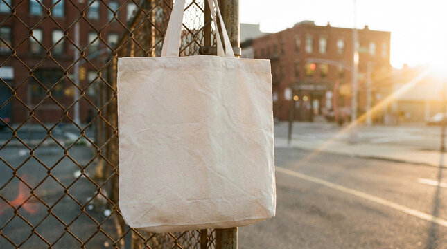 Reusable Ecobag Blank Mockup Urban Fence Golden Hour Sunset