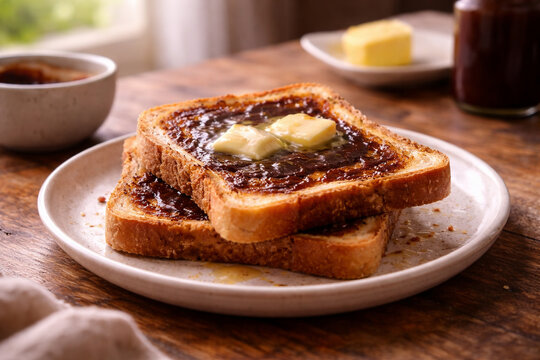 Vegemite toast with melting butter on plate, classic Australian breakfast