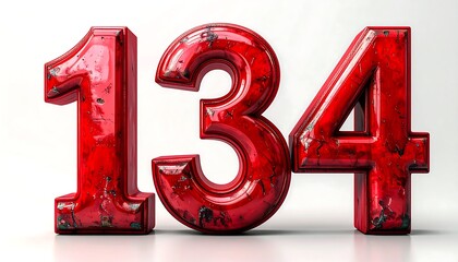 Glossy, red metallic numerals in a bold typeface stand against a light backdrop. They display the number one hundred thirty-four
