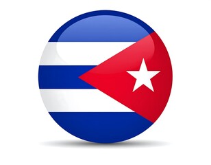 Glossy, rounded emblem features alternating blue and white stripes, a red triangle, and a white star. The image includes a shadow