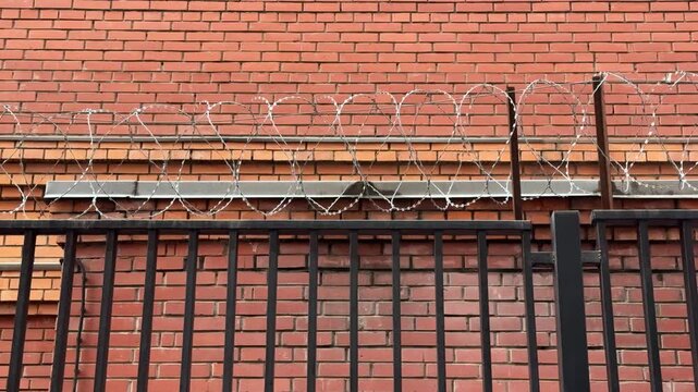Metal Railing Atop Brick Wall CloseUp Tight Composition Highlighting Parallel Bars And Mortar Lines Subtle Weathering Horizontal Rhythm Muted Color Palette Architectural Detail
