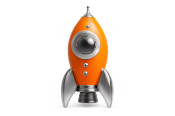 Orange cartoon rocket symbolizing business startup, innovation, success, growth, future technology, and space travel with transparent background