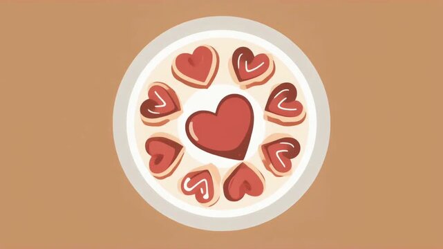 A top-view composition of heart-shaped cookies arranged on a plate, styled on a soft background, creating a sweet valentine dessert concept filled with warmth and charm.