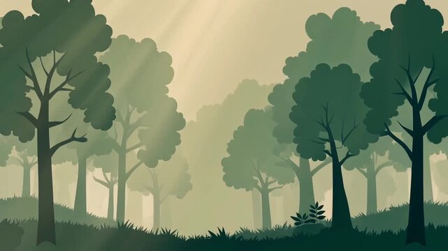 Sunbeams filtering through a green forest, soft mist and layered trees creating a tranquil illustration that evokes calm and natural harmony.