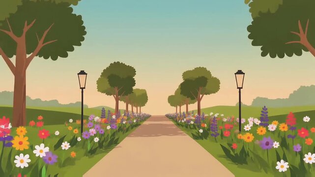 A sunlit pathway lined with trees and lamps, creating a welcoming and calm illustration that suggests a peaceful walk through a quiet neighborhood.