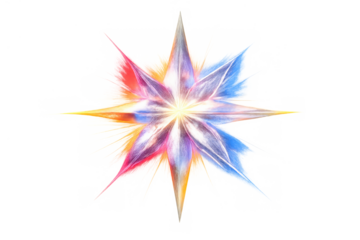 Abstract glowing colorful star spark effect radiating light with prismatic flares and dust particles on transparent background