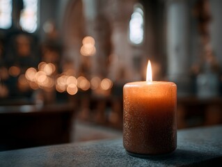 candle burning in cathedral on All saints day religious holiday and religious concept