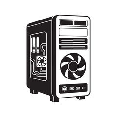 Desktop Computer PC Tower Icon Vector. System unit case silhouette. Gaming workstation hardware illustration isolated on white background.
