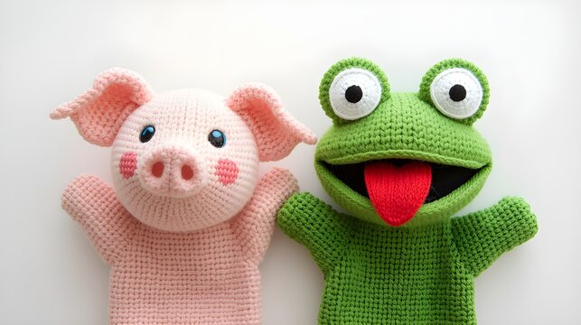 Cute sock puppets on hands. Playful, creative art featuring pink pig and green frog sock puppet characters. Concept for fun, play, creative activity for kids, National Sock Day. Happy puppet show.