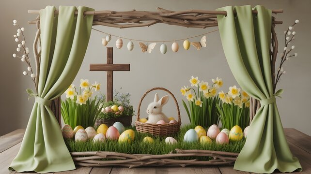 Colorful puppet theater frame with marionette display and decorative easter eggs in spring setting