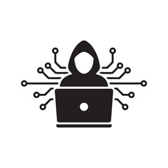 Hacker Icon Vector. Cyber criminal with laptop symbol. Computer security breach sign with circuit network lines. Hooded user silhouette illustration.
