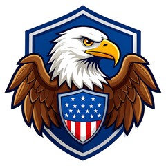 Cartoon-styled eagle with brown wings, centered over a shield with stars and stripes on a blue and white background