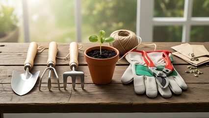 Gardening Tools and Seedling on Wooden Table.