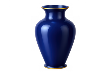 Cobalt blue porcelain vase presenting glossy surface and decorative gold trim. Object on transparent background for home decor