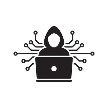 Hacker Icon Vector. Cyber criminal with laptop symbol. Computer security breach sign with circuit network lines. Hooded user silhouette illustration.
