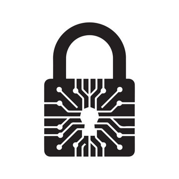 Cyber Security Padlock Icon Vector. Digital data protection symbol with circuit board lines. Secure internet technology sign isolated on white background.
