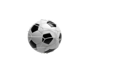 A classic regulation soccer ball with black and white panels, deeply embedded and compressed into a transparent, taut goal net, dynamically stretching with intricate tension lines against a clean