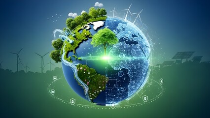 digital earth with green technology overlay illustrating global sustainability and climate innovation