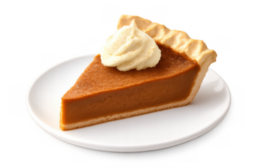 Pumpkin pie slice with whipped cream on white dessert plate celebrating autumn holidays, transparent background