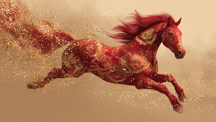 Majestic red horse adorned with golden decorations gallops gracefully through cloud of shimmering gold dust, embodying elegance and power