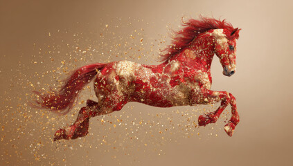 Vibrant red horse adorned with golden elements leaps gracefully, surrounded by shower of sparkling gold dust. dynamic motion captures sense of energy and elegance