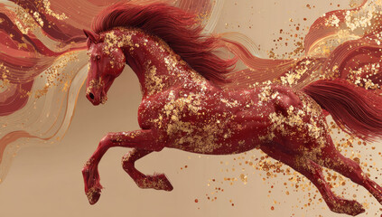 Majestic red horse gallops gracefully, adorned with shimmering gold elements that enhance its beauty. dynamic background features flowing waves of color, creating vibrant and energetic atmosphere