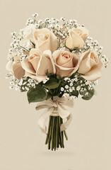 Beautiful bouquet of cream roses surrounded by delicate baby breath, elegantly tied with ribbon, creating romantic and charming floral arrangement