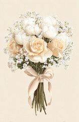Beautiful bouquet of white roses and peonies, elegantly arranged with delicate baby breath, tied together with soft ribbon. This floral composition exudes romance and charm, perfect for special