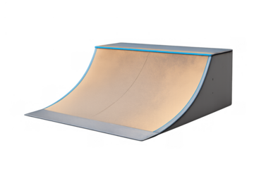 Skate park quarter pipe obstacle with a light wood surface and blue coping, transparent background