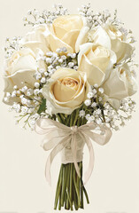 Beautiful bouquet of white roses adorned with delicate baby breath, tied together with soft ribbon. This elegant arrangement is perfect for weddings, anniversaries, or special occasions