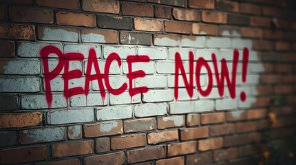 Obraz premium Red “Peace Now!” graffiti spray-painted on a brick wall. Urban street art with a bold political message promoting anti-war activism, unity, and an urgent call for peace.