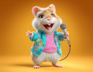 Cute cartoon hamster character standing on stage, holding microphone, wearing colorful jacket and smiling joyfully. This adorable character radiates happiness and charm