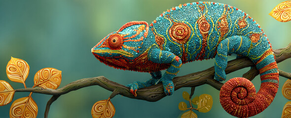 Colorful chameleon sitting on tree branch, showcasing vibrant blue and orange patterns. intricate details of its skin and surrounding leaves create lively and enchanting atmosphere