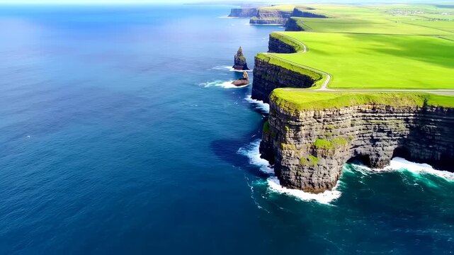 Majestic cliffs meet vibrant waters, a captivating coastal vista from the air