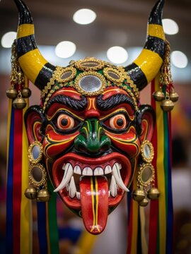 traditional Diablada mask at a Latin American carnival. Close-up of a colorful devil mask with horns and fangs during an Andean folk festival. Perfect for travel and cultural heritage news.