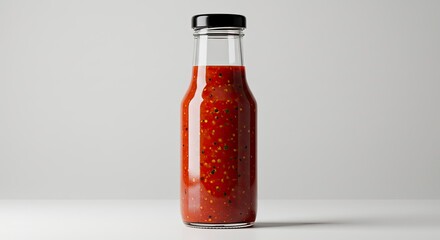 Glass bottle of spicy red sauce with seeds