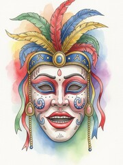 Obraz premium Watercolor illustration of a traditional Venezuelan carnival mask with stars and feathers. Colorful folklore mask isolated on white background, celebrating Latin American culture and art.
