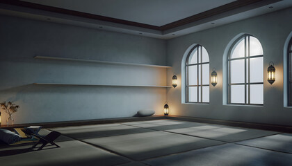 Serene Islamic prayer room interior with arched windows and glowing lanterns, perfect for Ramadan marketing, spiritual wellness campaigns, and peaceful religious concepts
