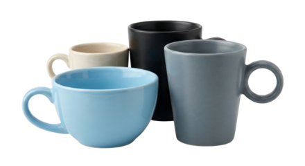 Four Ceramic Mugs in Different Colors and Sizes on White Background