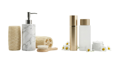 Spa Essentials: Skincare Products, Loofah, Brush, and Chamomile Flowers - White Background