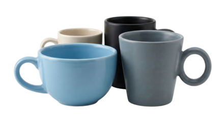 Four ceramic mugs in different colors and shapes on a white background