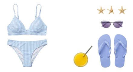 Summer Beach Vacation Flat Lay: Bikini, Sunglasses, Flip Flops, Starfish, Orange Juice