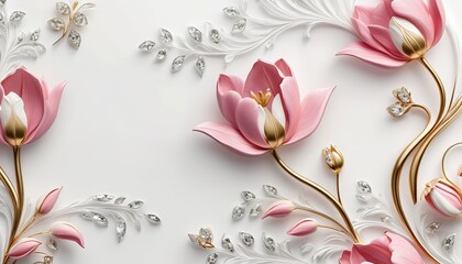 Luxurious 3D pink and gold flowers with diamond leaves, an elegant floral arrangement on a white background for wedding invitations or luxury branding.