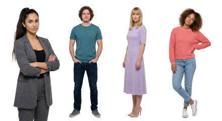 Diverse group of four people standing against white background, professionals and casual